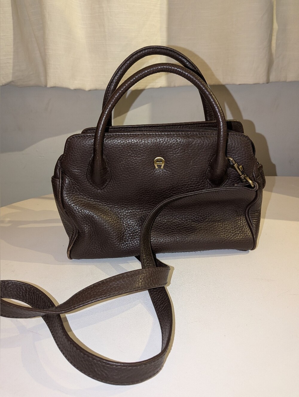 Etienne Aigner Vintage Brown Pebbled Leather Satchel Crossbody Bag Brass Hardwar